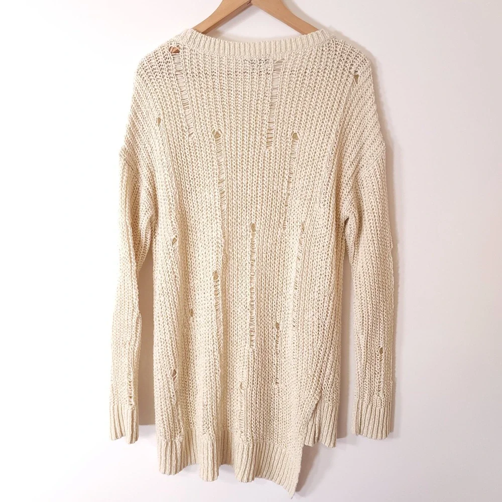 Calvin Klein Womens XL Cream Distressed Open Knit Sweater‎ Long Sleeve Ivory
